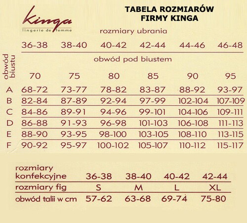 Tabela rozmiarów bielizna Kinga BROOS